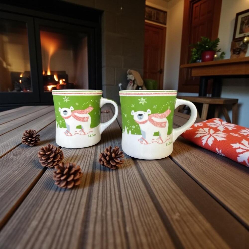 LL Bean Polar Bear Winter Scene Coffee Mugs/ Cups